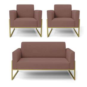 Sofá Namoradeira Com 2 Poltronas Base Industrial Alta Dourado Marisa Veludo Rosê D03 - D\`rossi