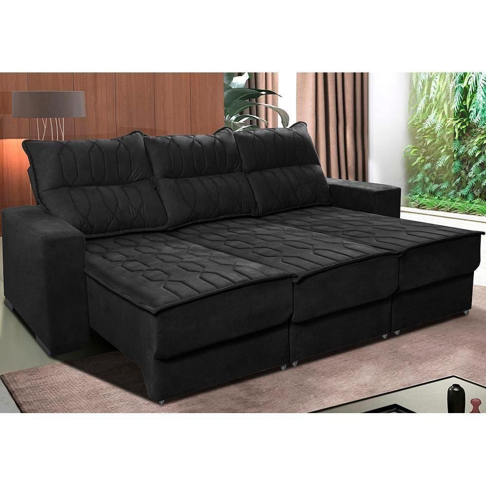Sofá Retrátil E Reclinável 2,25m Cama Inbox Canadá Com Molas Velusoft Preto