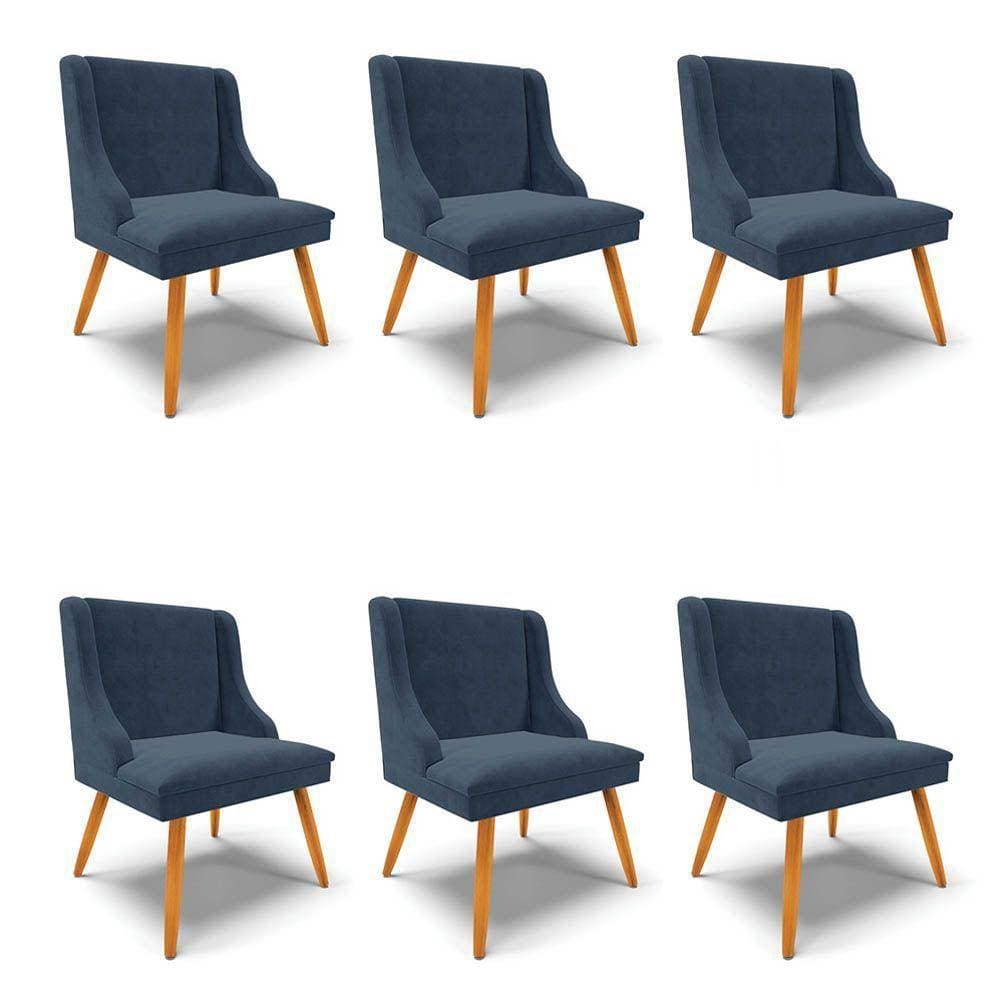 Kit 6 Cadeiras Estofadas Para Sala De Jantar Pés Palito Lia Suede Azul Marinho - Ibiza
