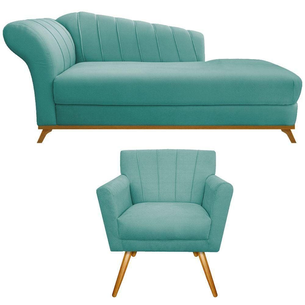 Kit Diva Recamier Vanessa 185cm Lado Direito E 01 Poltrona Laura Suede Cor Azul Tiffany