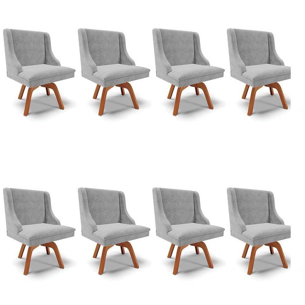Kit 8 Cadeiras Estofadas Base Giratória De Madeira Lia Suede Cinza - Ibiza