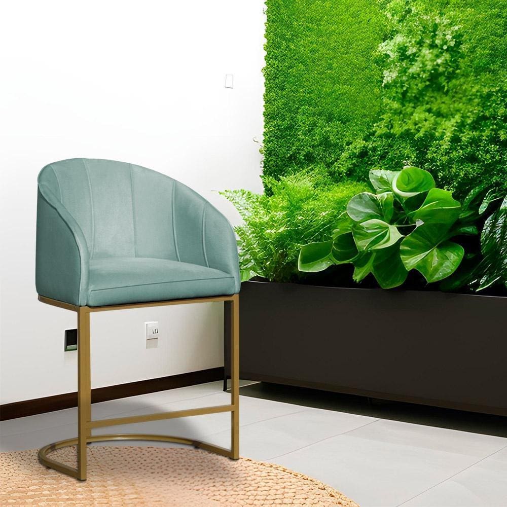 Poltrona Banqueta Decorativa Base Metal Mia Veludo Acqua - LM DECOR