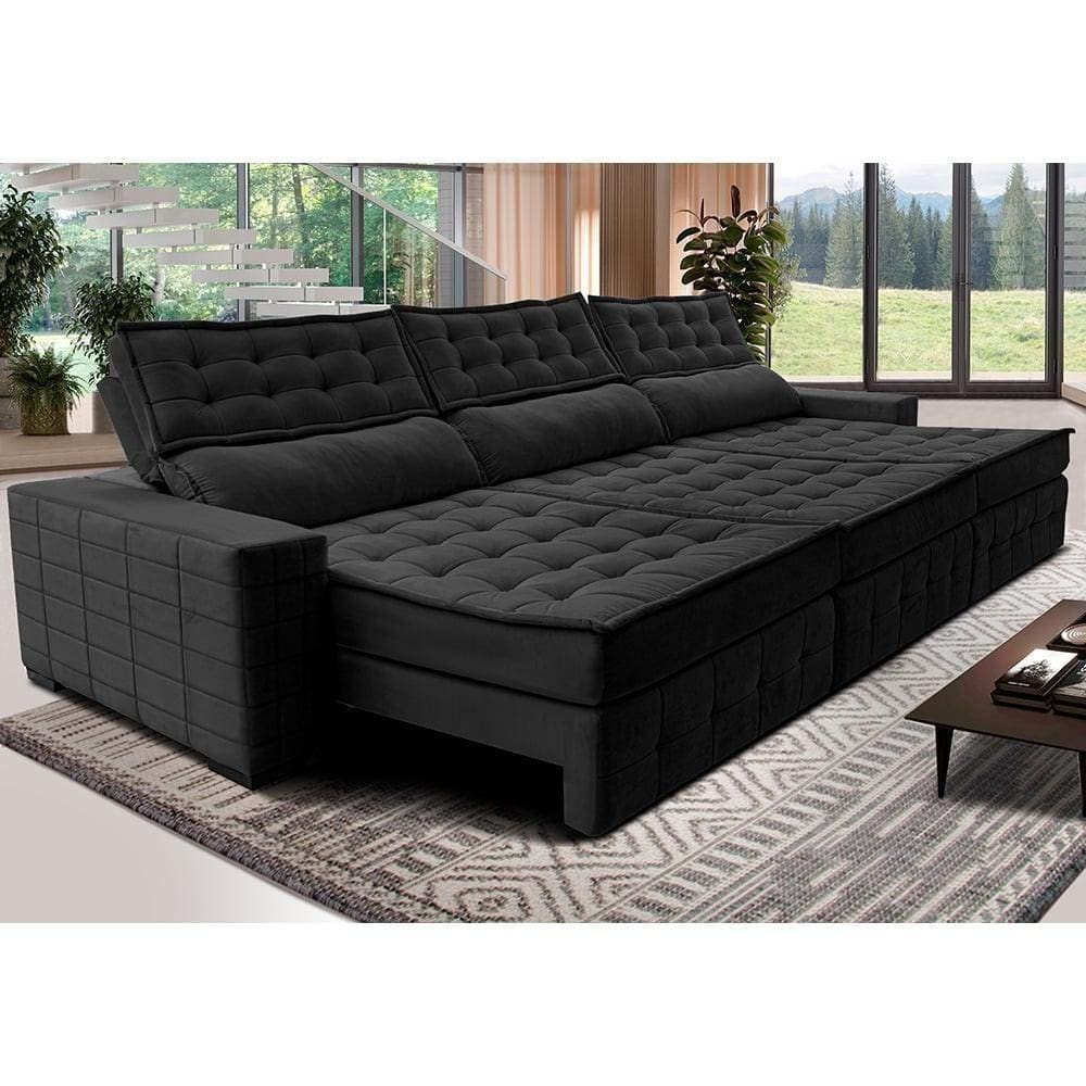 Sofá Retrátil E Reclinável 4,15M Cama Inbox Big Puffer Com Softgel D40 Velupluma Preto