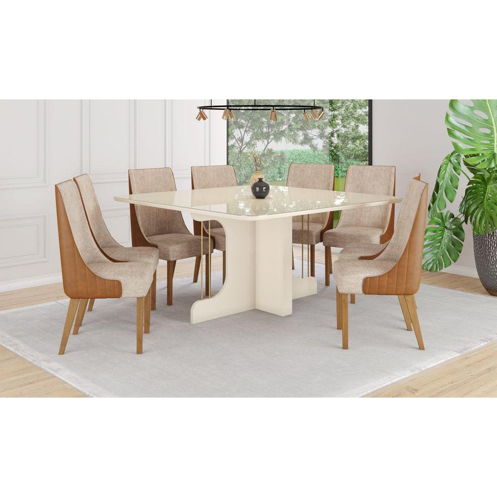 Mesa de Jantar Mavi 150 C. Vidro 8 Cad. Ivy Caramelo/Creme - Henn