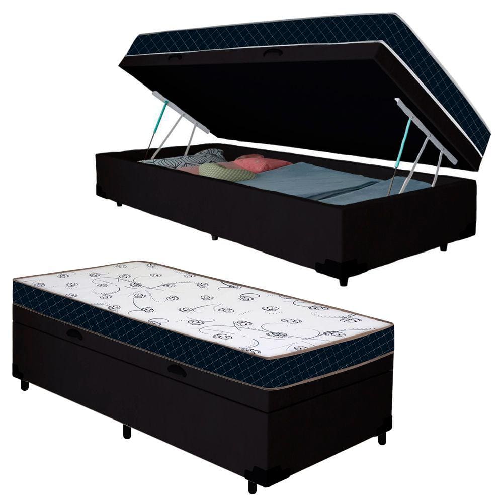 Cama Box Baú Solteiro Suede + Colchão D20 Omega Bamboo Valle 88x188x56