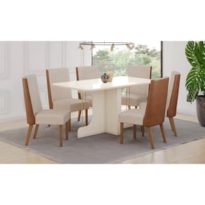 Mesa de Jantar Mavi 160 C. Vidro 6 Cad. Anne Caramelo/Linho - Henn