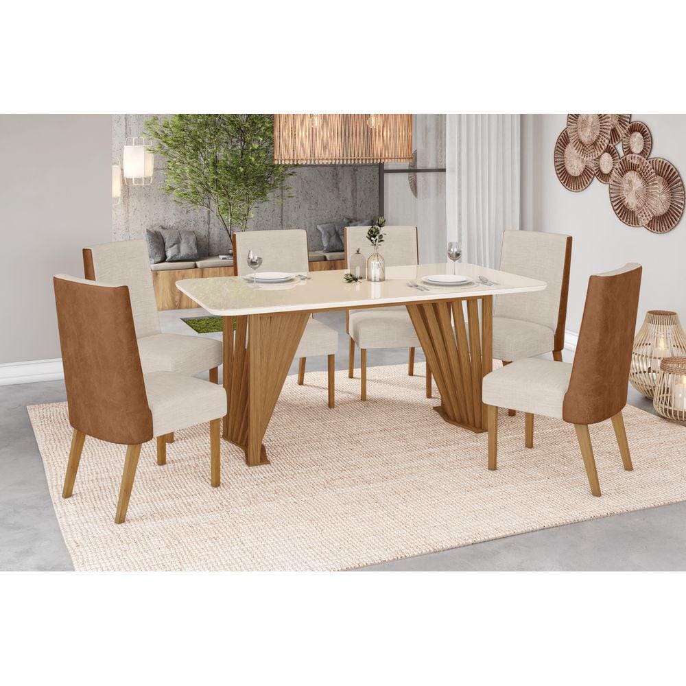 Mesa de Jantar Adriana 180 C. Vidro 6 Cad. Anne Caramelo/Linho - Henn