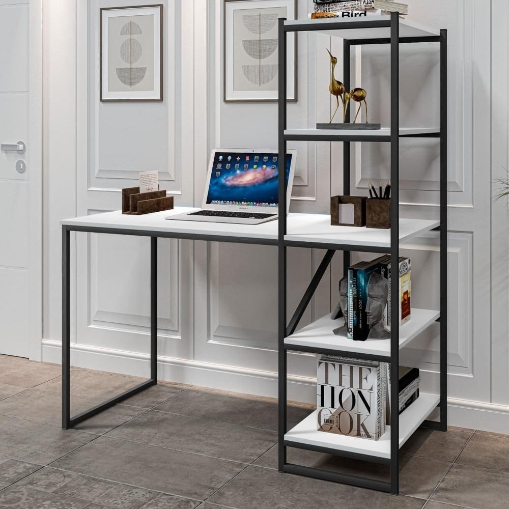 Mesa Industrial para Escritório com Prateleira Frist Preto e Branco