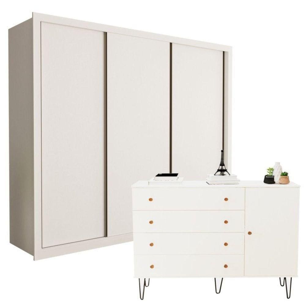 Conjunto Guarda-Roupa Casal 3 Portas e Cômoda 1 Porta 4 Gavetas Branco