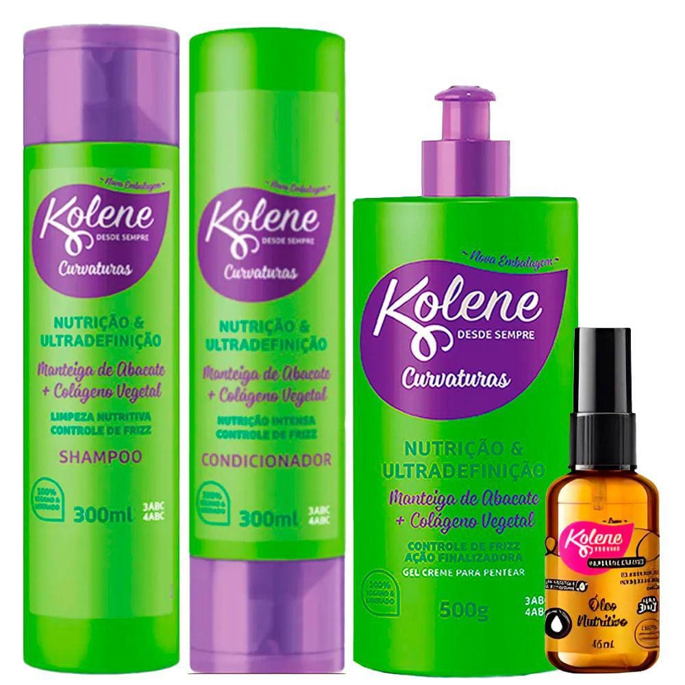 Kit Shampoo Kolene 300ml, Condicionador Kolene 300ml, Creme Pentear Kolene 500ml E Óleo Nutritivo Kolene 45ml