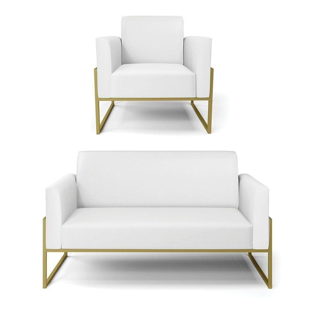 Sofá Namoradeira Com Poltrona Base Industrial Alta Dourado Marisa Corino Branco D03 - D\`rossi
