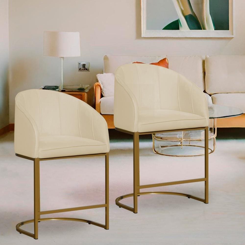 Kit 2 Poltronas Banqueta Decorativa Base Metal Mia Suede Marfim - LM DECOR