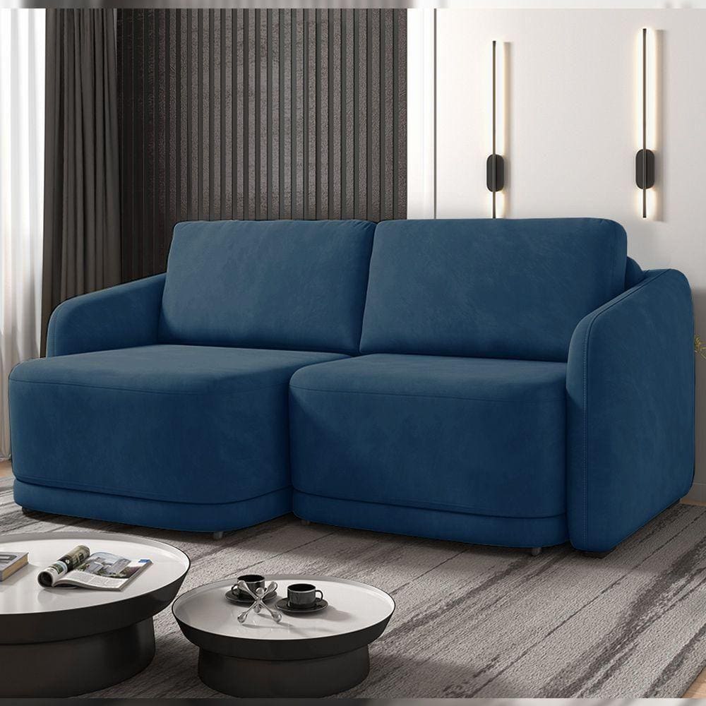 Sofá Cama Modulado Retrátil E Reclinável Varsóvia 216cm Veludo Azul Marinho G33 - Gran Belo