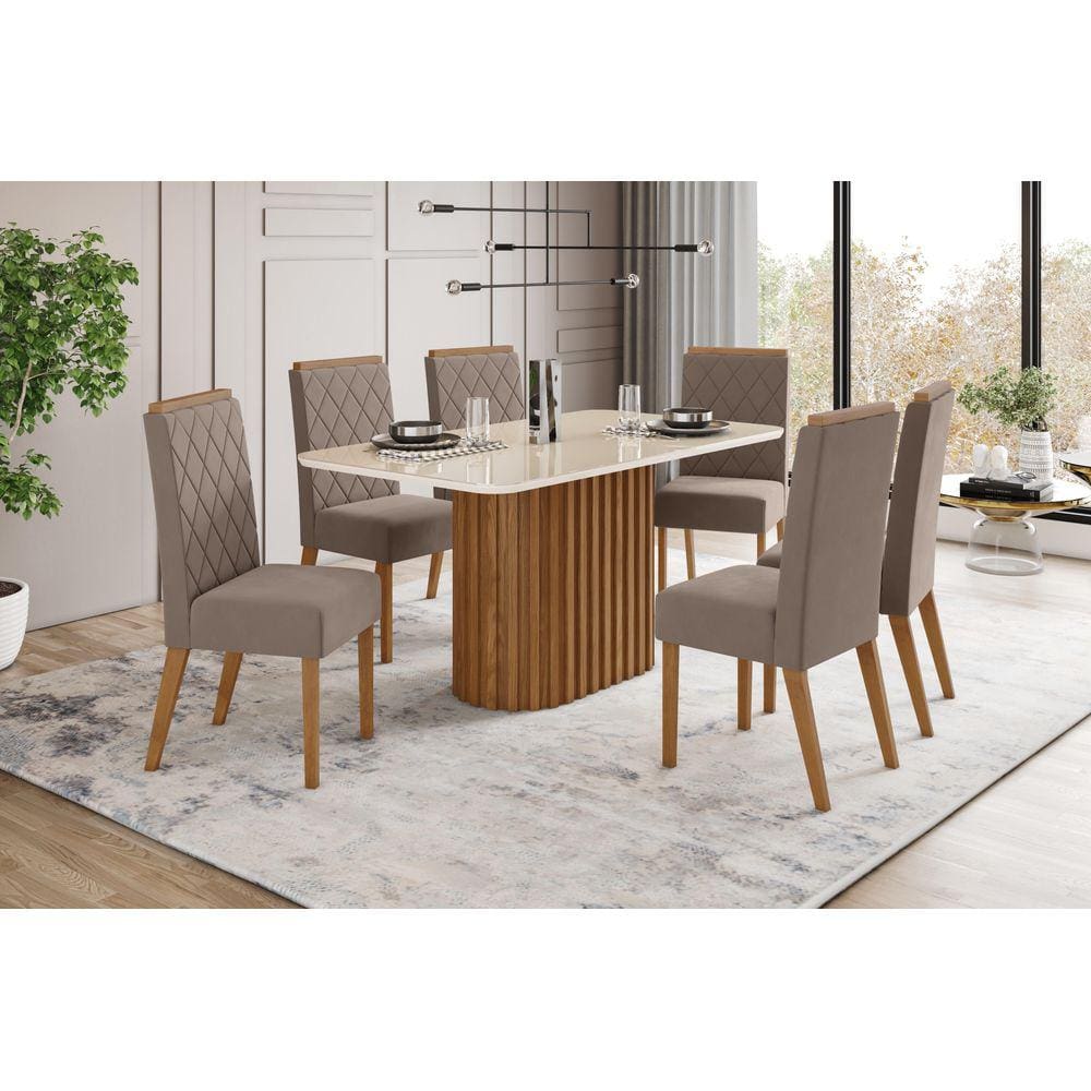 Mesa de Jantar Solana 160 C. Vidro 6 Cad. Nina Amendoa - Henn