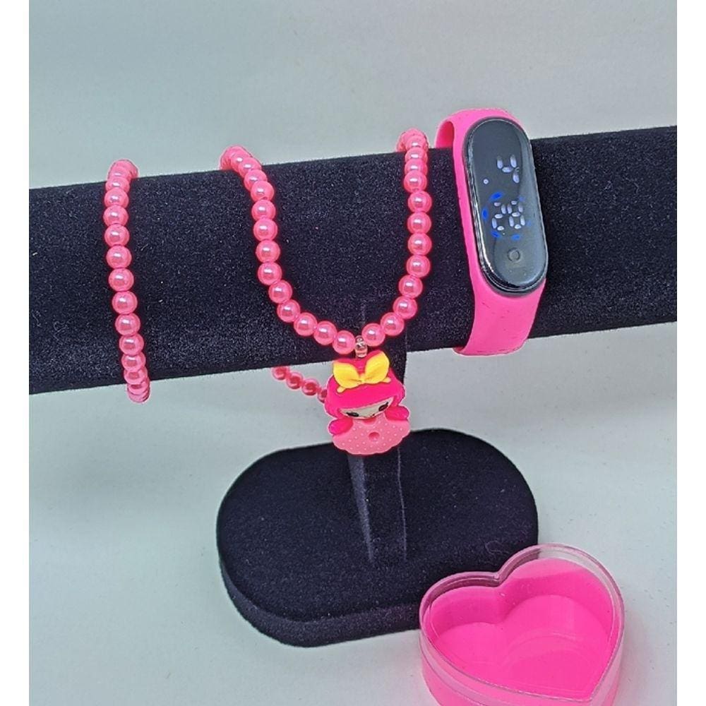 Kit Relógio Infantil Digital Led Bracelete Prova água Menina + Colar Pulseira Miçangas Pingente Urso Coelho Flor