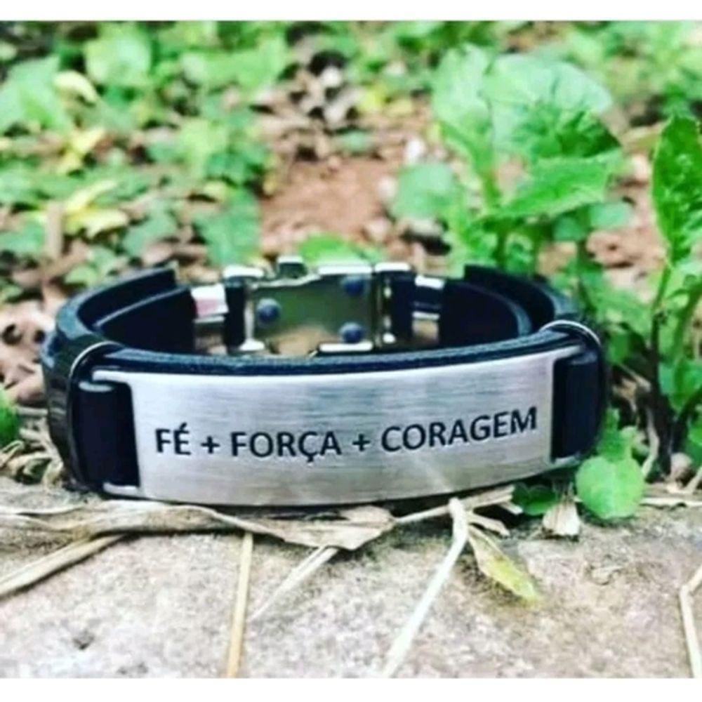 Pulseira Bracelete Couro Sintético Ajustável Aço Inox Manuscrito Fé Força Coragem Religiosa Preto Dourado