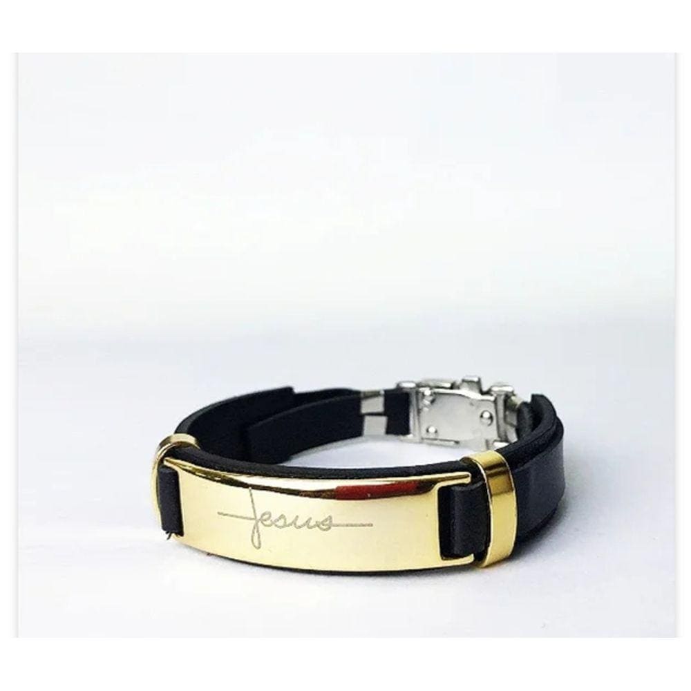 Pulseira Bracelete Masculino Feminino Couro Sintético Ajustável Aço Inox Manuscrito Jesus Religiosa Dourado Preto