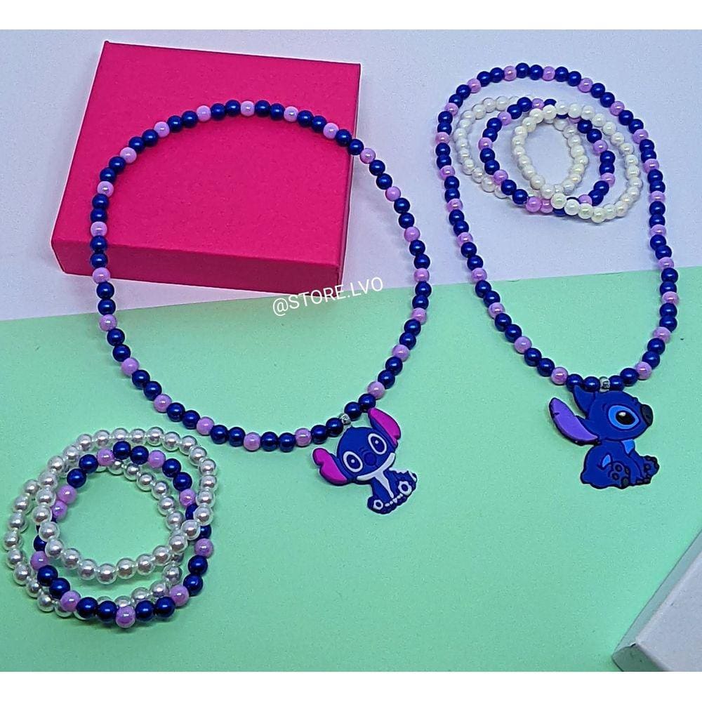 Kit Conjunto Colar e Pulseiras Infantil Meninas com Miçangas Pérolas Coloridas Princesas Minnie Sereia Monica Unicórnio