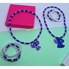 Kit Conjunto Colar e Pulseiras Infantil Meninas com Miçangas Pérolas Coloridas Princesas Minnie Sereia Monica Unicórnio