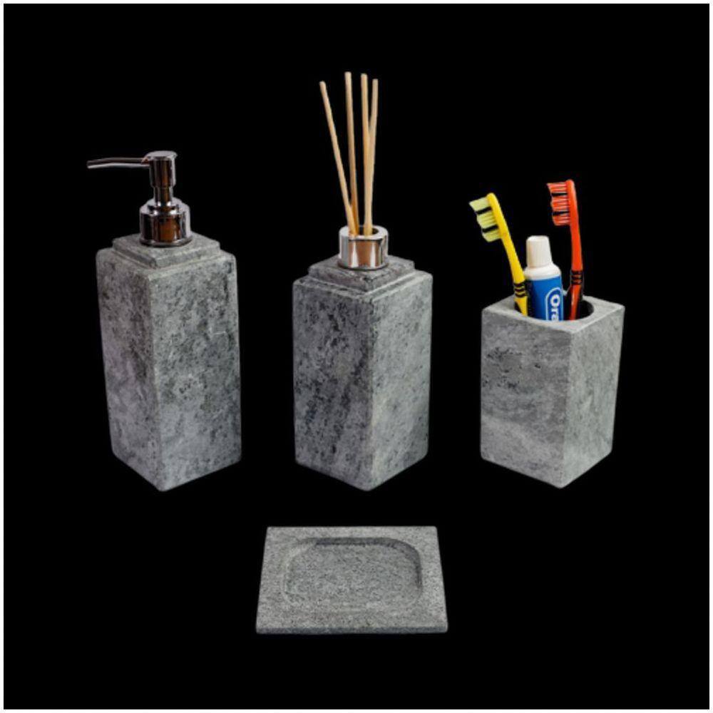 Kit Banheiro Bancada Lavabo Luxo Em Pedra Sabão N04 Prata