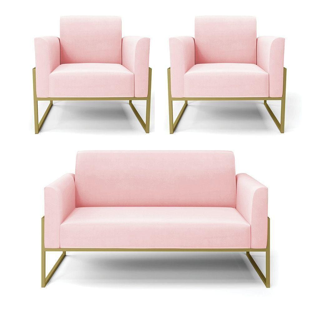 Sofá Namoradeira Com 2 Poltronas Base Industrial Alta Dourado Marisa Suede D03 - D\`rossi Cor Rosa Bebê