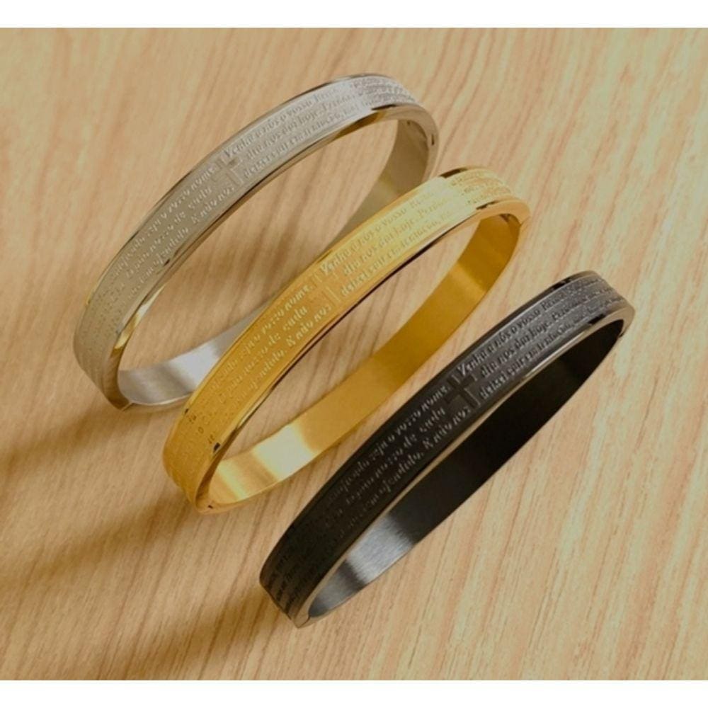Pulseira Bracelete Religiosa Oração Pai Nosso Aço Inox 316L Inoxidável Masculino e Feminino Prata Dourado Preto Luxo