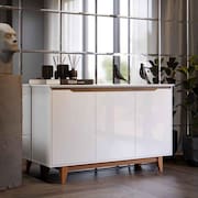 Aparador Buffet Quarto Sala Flow 3 Portas com Pés de Madeira Branco com Freijó - Rede Móveis