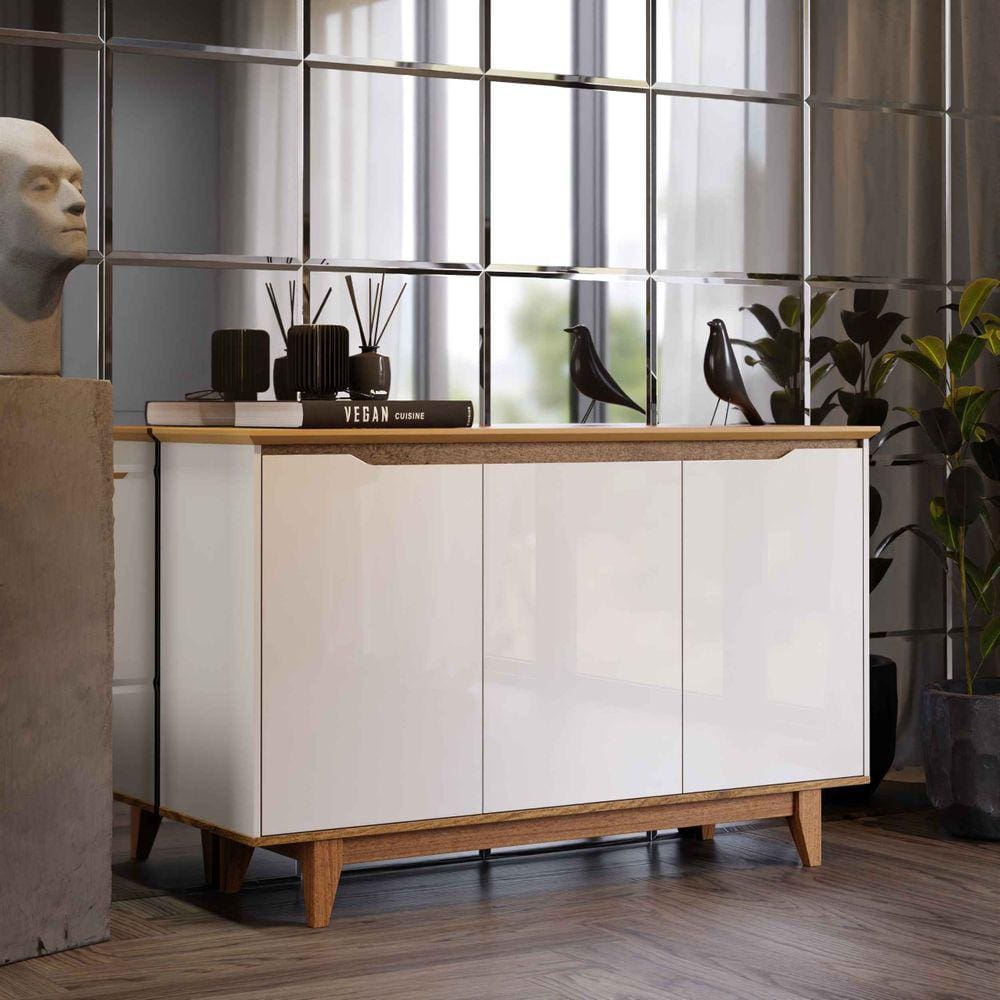 Aparador Buffet Quarto Sala Flow 3 Portas com Pés de Madeira OffWhite com Freijó- Rede Móveis
