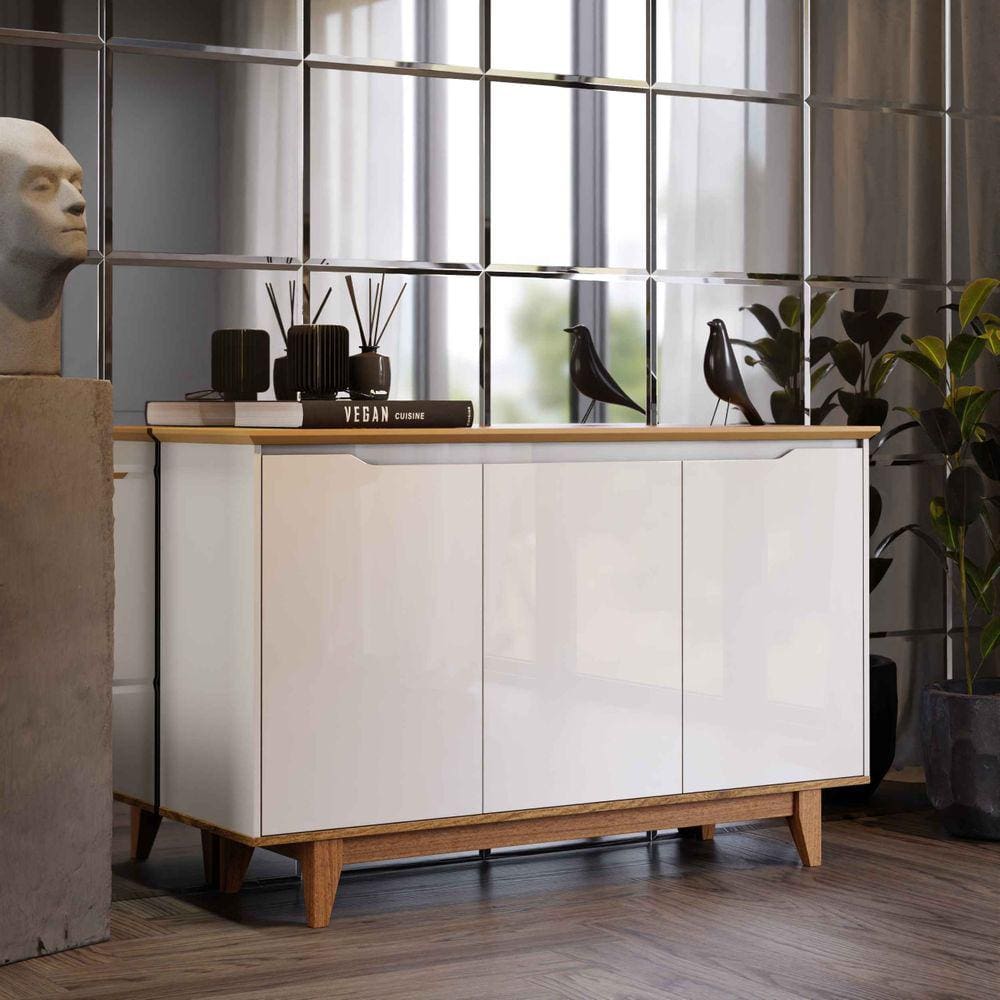 Aparador Buffet Quarto Sala Flow 3 Portas com Pés de Madeira OffWhite- Rede Móveis