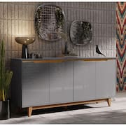 Aparador Buffet Sala Flow 4 Portas com Pés de Madeira Cinza com Freijó - Rede Móveis