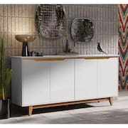 Aparador Buffet Sala Flow 4 Portas com Pés de Madeira Branco com Freijó - Rede Móveis