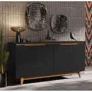 Aparador Buffet Sala Flow 4 Portas com Pés de Madeira Preto com Freijó - Rede Móveis