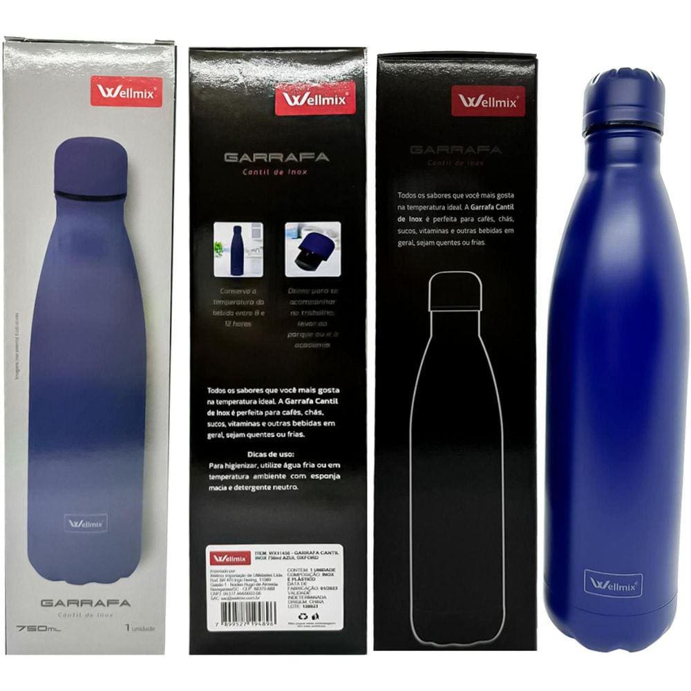 Garrafa Cantil De Inox 750Ml Azul Wellmix