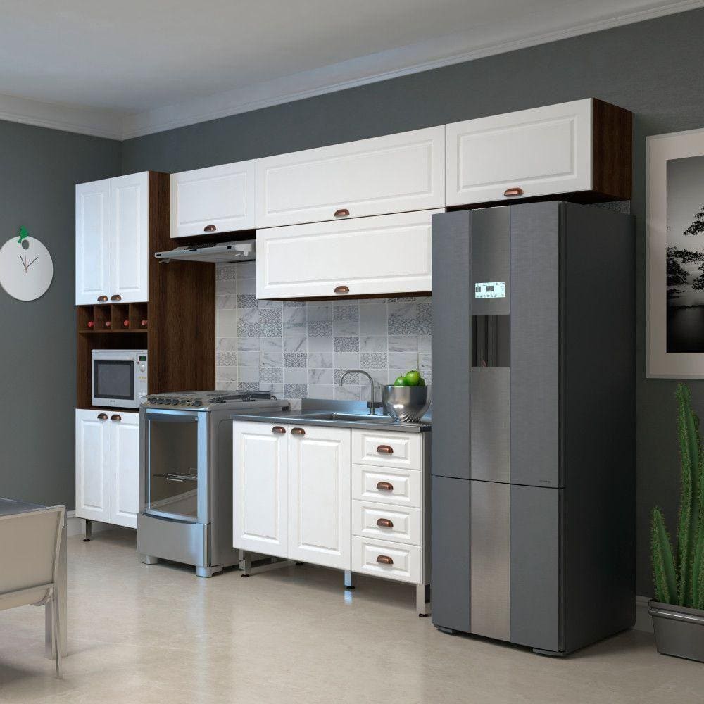 Armário De Cozinha Compacta 5 Peças Sem Tampo Com Espaço Para Forno Safira Luciane Móveis Nogueira Dourado Com Branco Pet