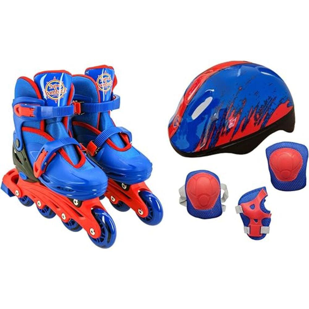 Patins 4 rodas Inline Azul Menino 34 ao 37 com kit de proteção infantil e capacete Uni Toys