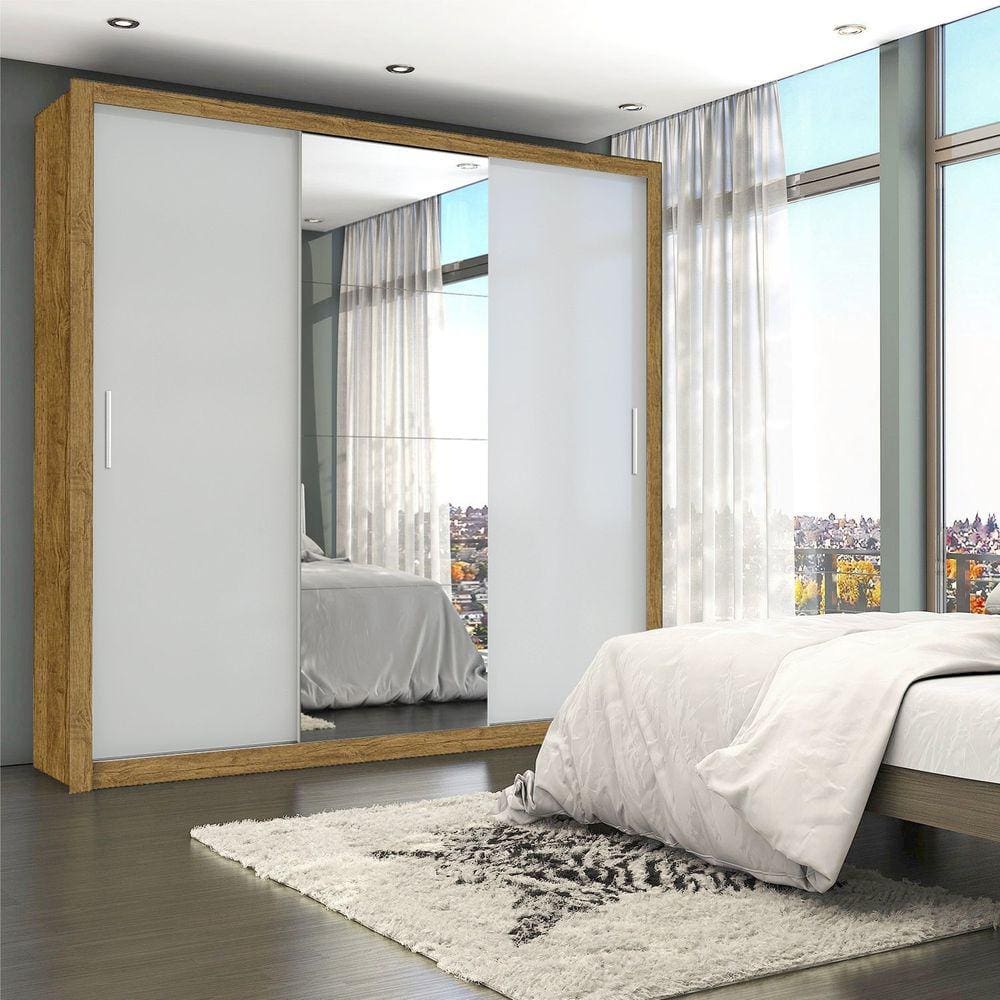 Guarda-roupa Casal 4 Espelhos 3 Portas de Correr 4 Gavetas Max Plus Espresso Móveis Cinamomo Off White