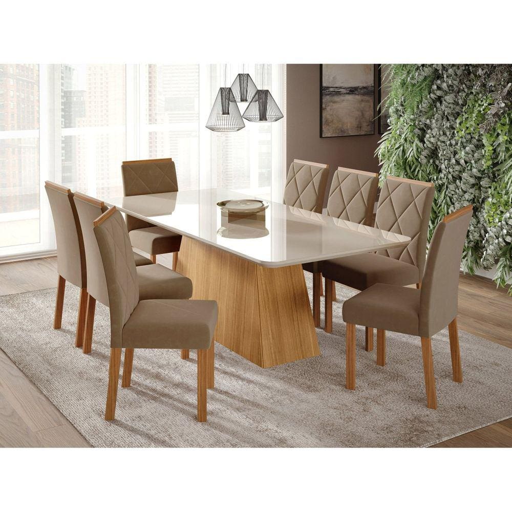 Sala de Jantar Helena 210cm com 8 Cadeiras Fernanda Marrom/Off White/Madeira/Joli