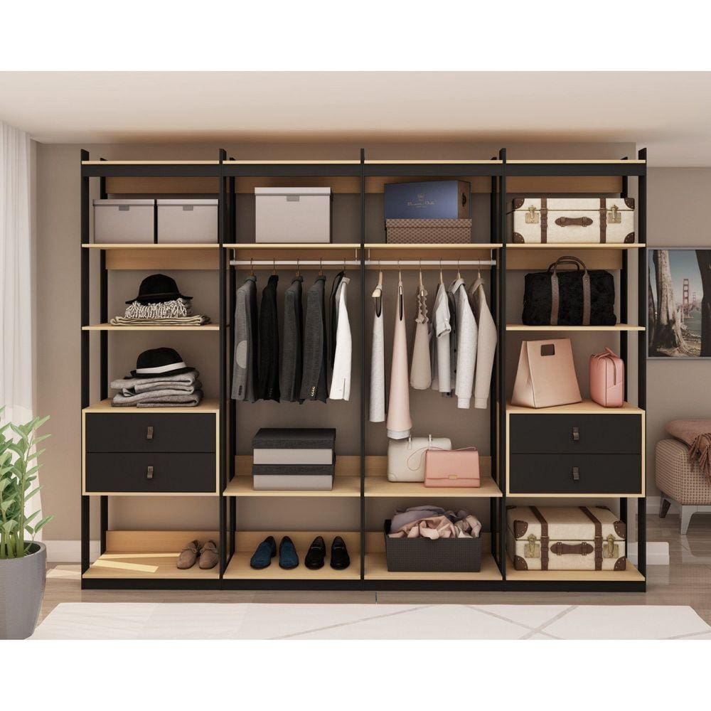 Guarda Roupa Closet 4 Modulos, 4 Gavetas, 2 Cabideiros Estilo Industrial Freijó/Preto