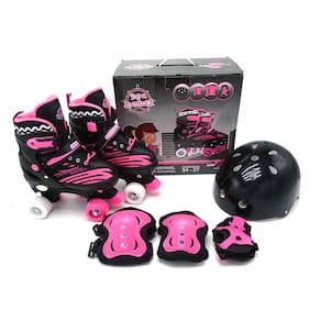 Patins 4 rodas Rosa Pink Preto Menina 30 ao 33 com kit de proteção infantil e capacete Uni Toys