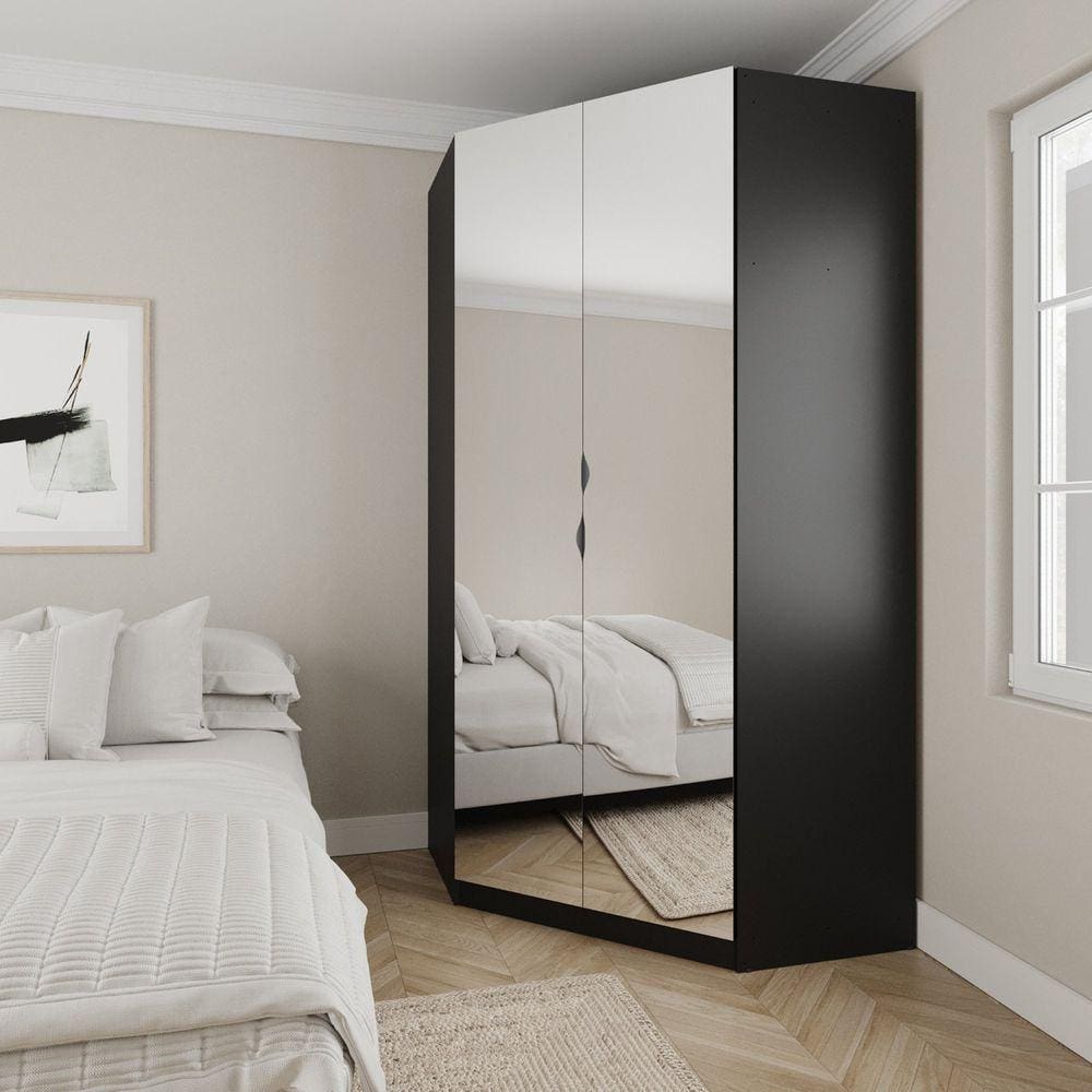 Guarda Roupa de Canto Closet com 6 Prateleiras e Portas de Espelho Modular Hera Cabecasa Madeiramade Preto