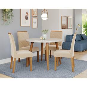 Sala de Jantar Dani com Vidro 109cm com 4 Cadeiras Fernanda Madeira/off White/Nude