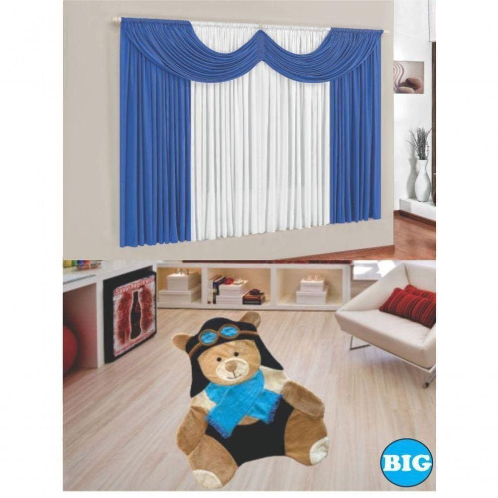 Kit Decoração P/ Quarto De Menino = Cortina Em Malha Paris + Tapete Pelucia Big Urso Aviador - Azul