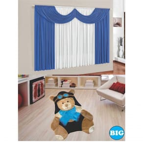Kit Decoração P/ Quarto De Menino = Cortina Em Malha Paris + Tapete Pelucia Big Urso Aviador - Azul