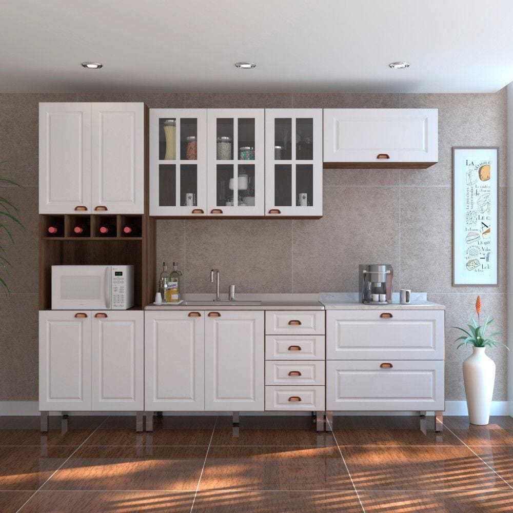 Armário De Cozinha Compacta 5 Peças Vidro Janelinha Safira Luciane Móveis Nogueira Dourado C/ Branco Pet E Marmore