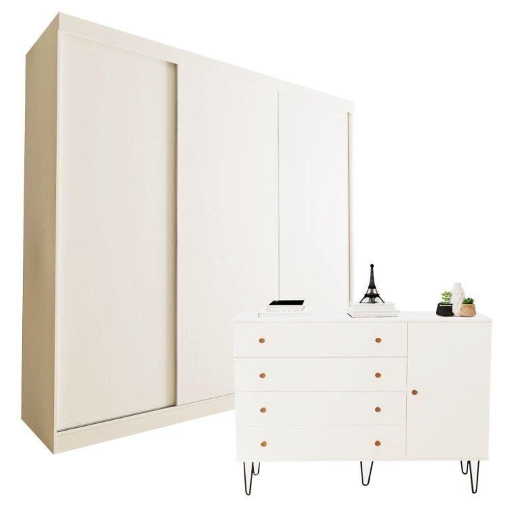 Conjunto Guarda-Roupa Casal 3 Portas de Correr e Cômoda 1 Porta 4 Gavetas Branco