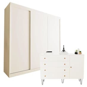 Conjunto Guarda-Roupa Casal 3 Portas de Correr e Cômoda 1 Porta 4 Gavetas Branco