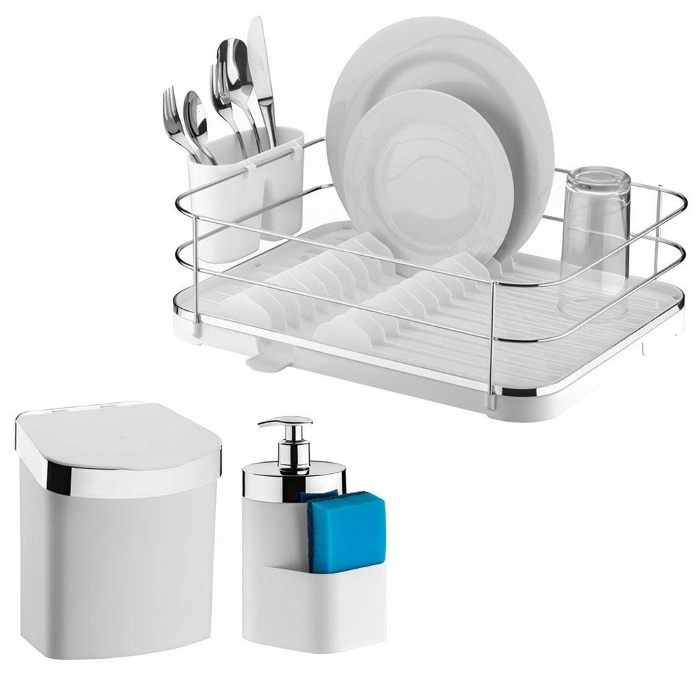 Kit Escorredor De Louça Talheres Lixeira 2,5L Dispenser Porta Detergente Cozinha Branco Cromado - Future