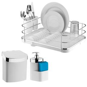 Kit Escorredor De Louça Talheres Lixeira 2,5L Dispenser Porta Detergente Cozinha Branco Cromado - Future