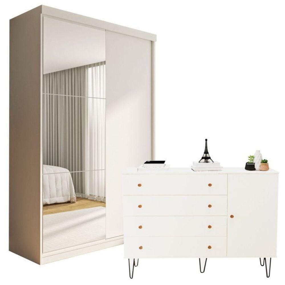 Conjunto Guarda-Roupa Solteiro 2 Portas de Correr e Cômoda 1 Porta 4 Gavetas Branco