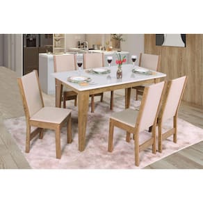 Conjunto Sala de Jantar Mesa Retangular Giovana com 6 Cadeiras Nobre Freijó/Off White